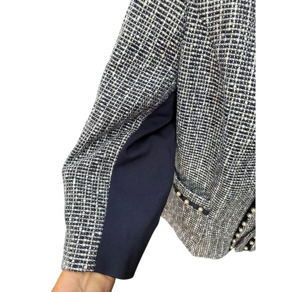 WHBM Blue Tweed Pearl Accent 3/4 Sleeve Open Front Blazer - 14 - Picture 4 of 10